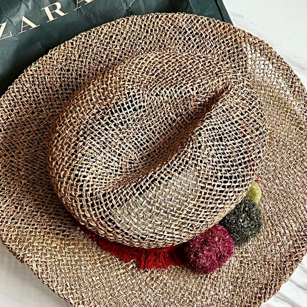 Zara Tan and Red Straw Hat with Decorative Band